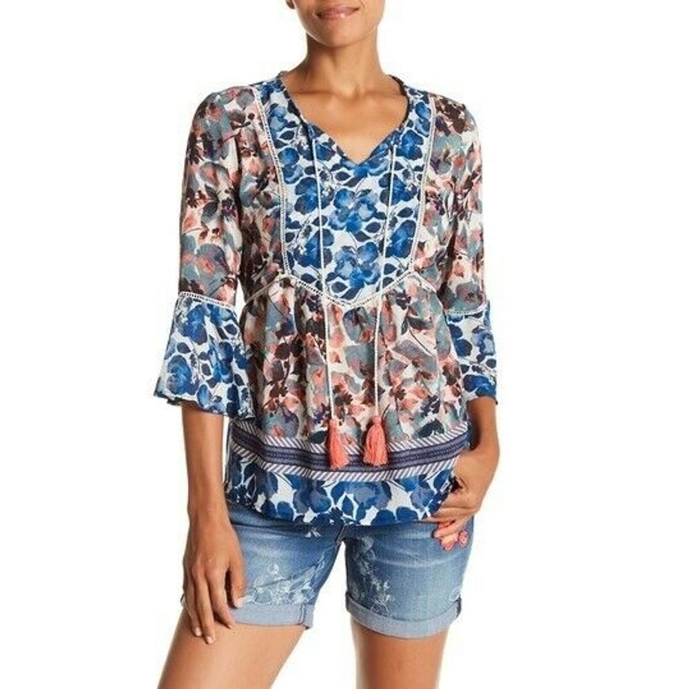 Vintage America  Front Tassel Tie Print Blouse M